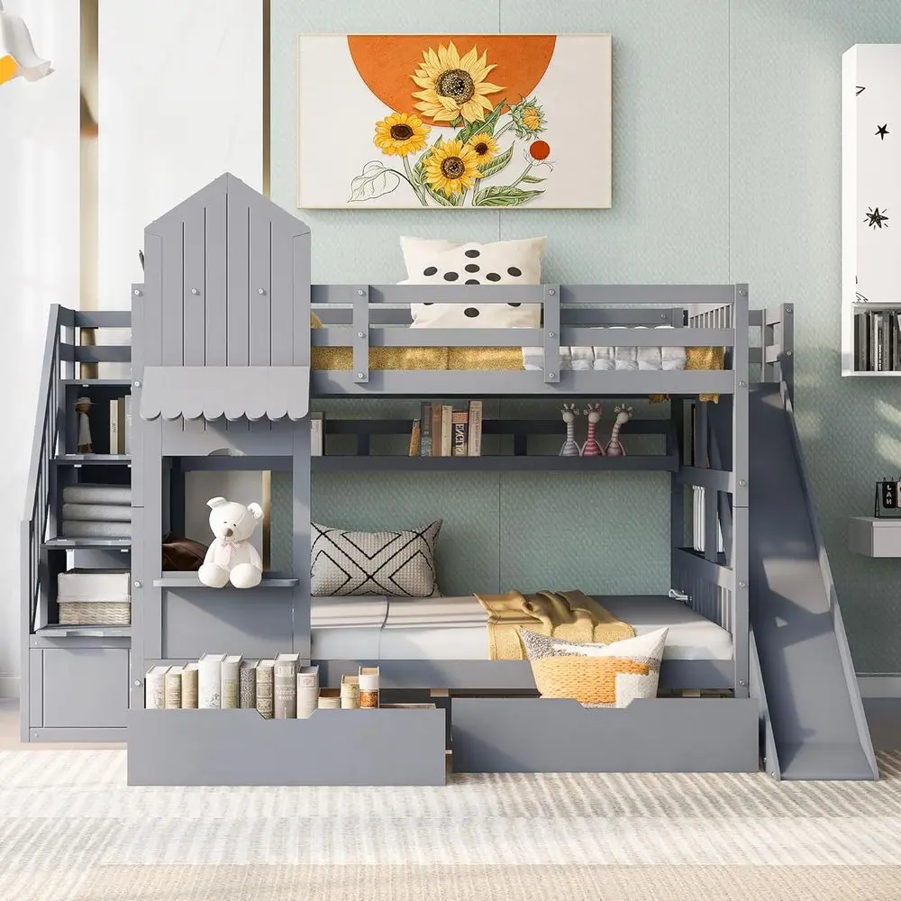 Bunk Bed With Stairs And Slide - Cama litera tamaño matrimonial con escaleras,
