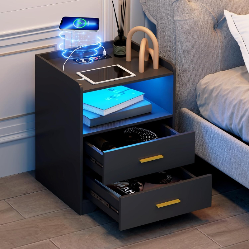 Solid Wood Nightstand 2 Drawers - Mesita de noche LED negra con