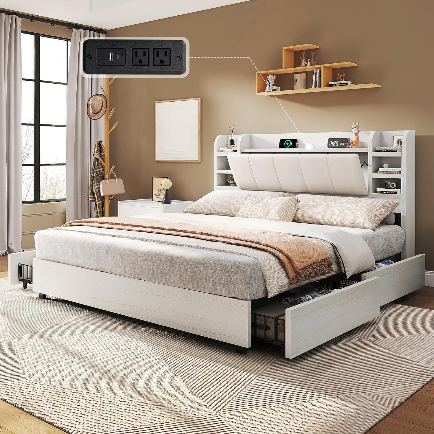 King Size Bed Frame With Storage Drawers - Cama King Size Tapizada con Cabecera
