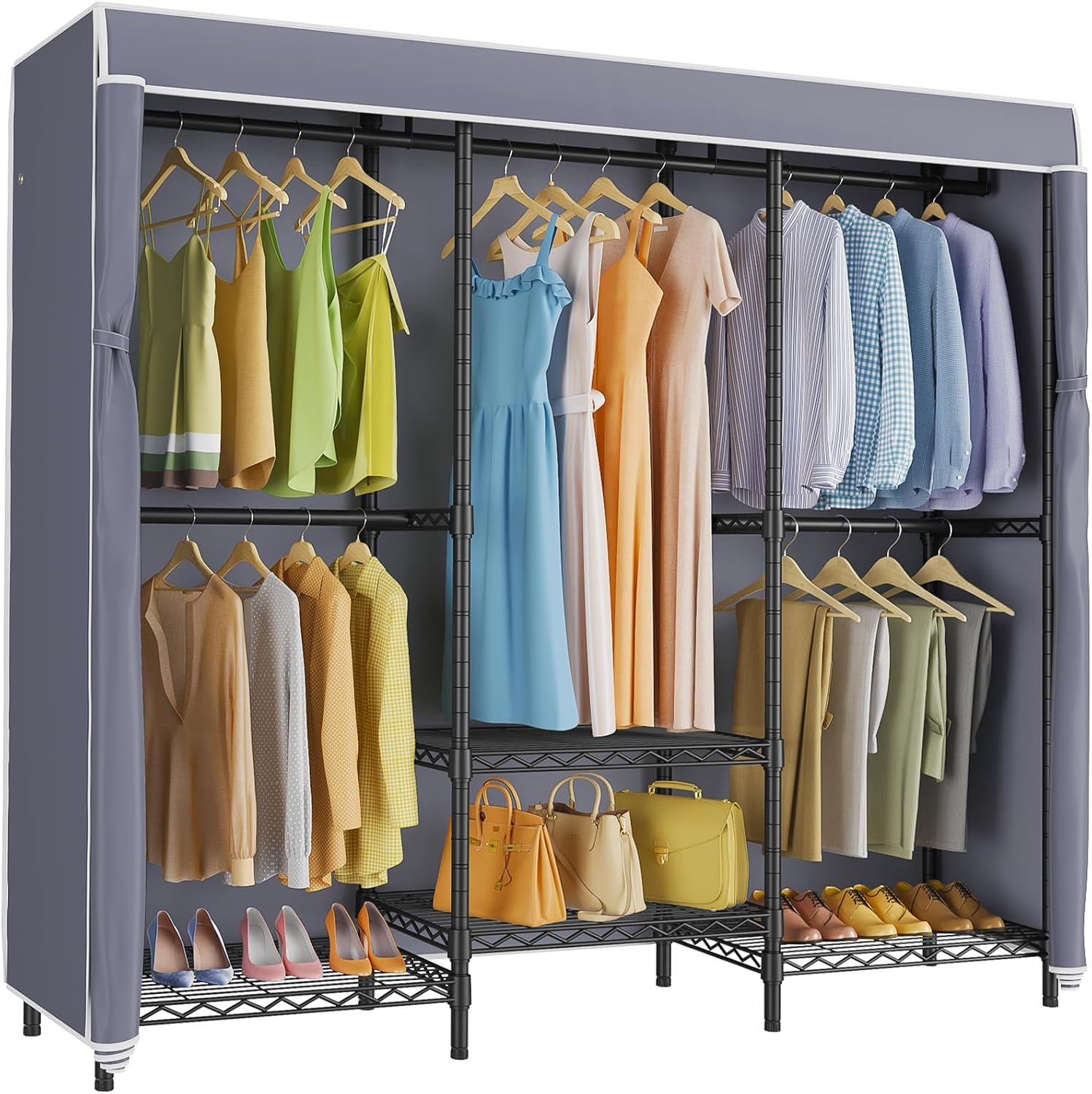 Wardrobe Closet Portable Fabric Cover - Perchero con cubierta y estantes ajustables,