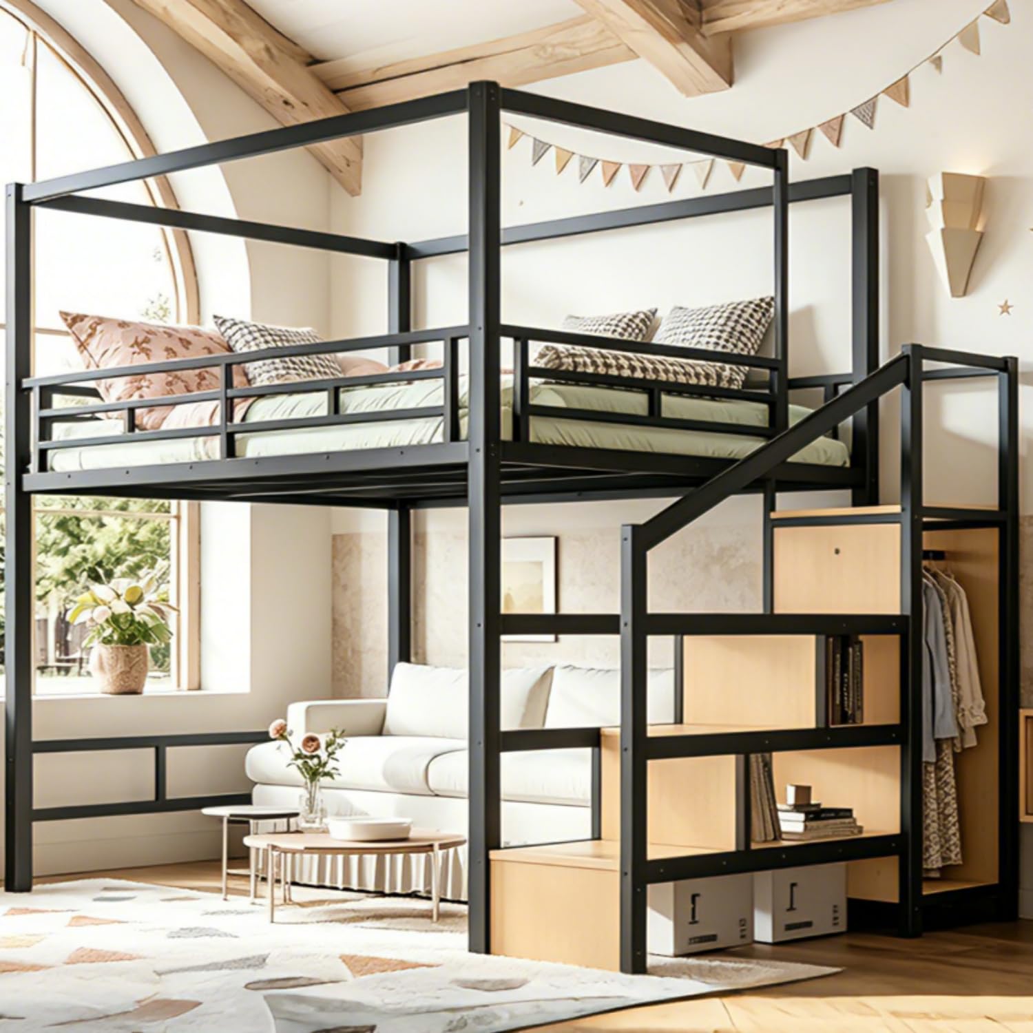 Canopy Bed Frame Metal Queen - Cama alta Queen con escaleras de