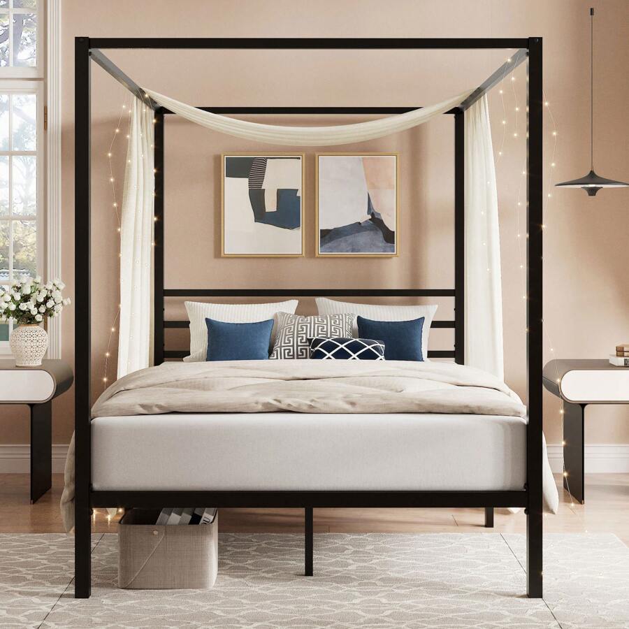 Canopy Bed Frame Metal Queen - Base de Cama con Dosel Negra,