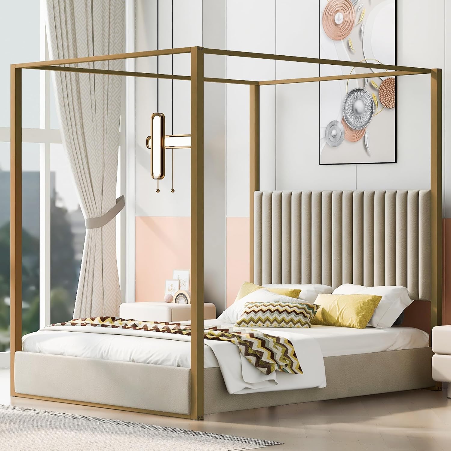 Canopy Bed Frame Metal Queen - Cama de Plataforma Moderna con Toldo,