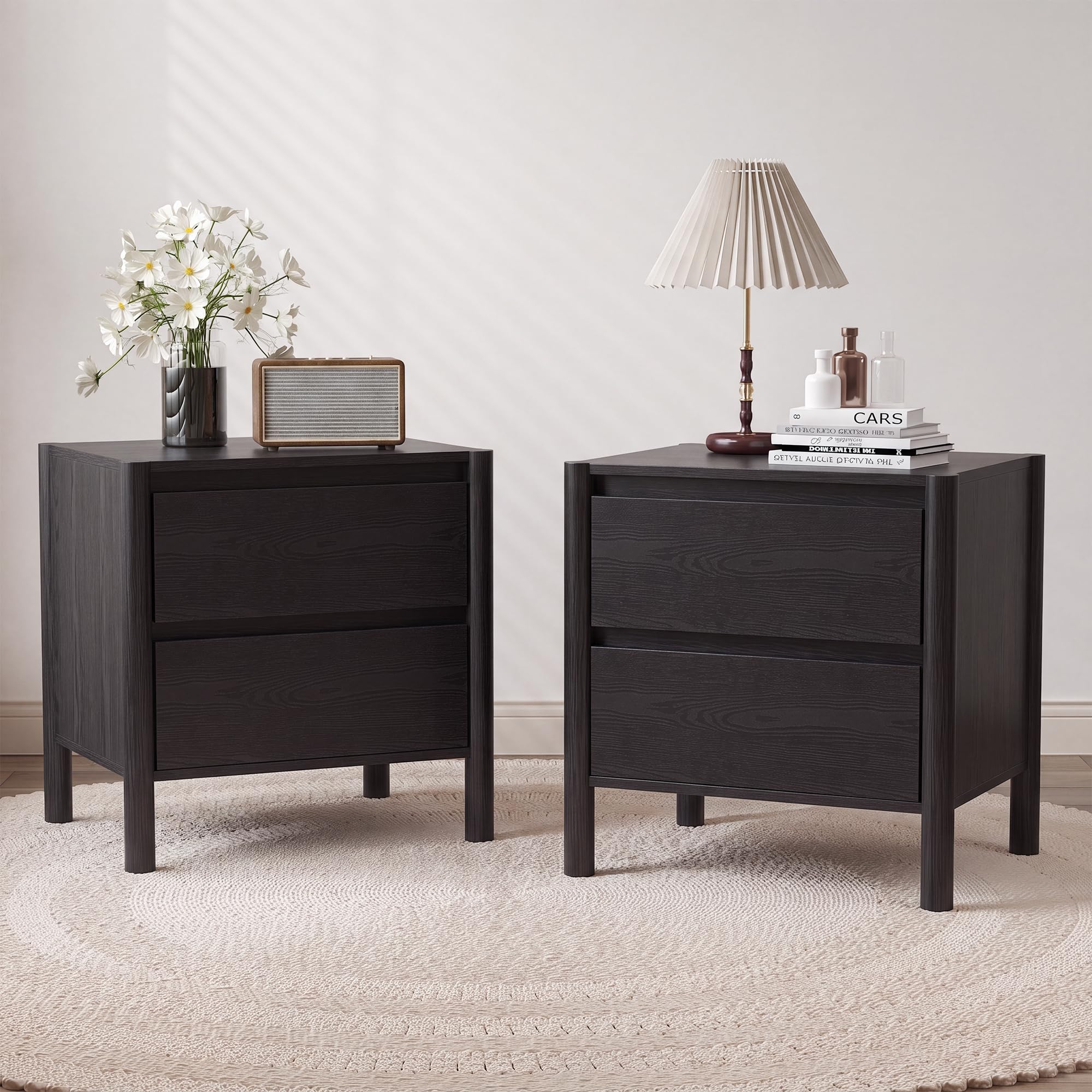 Solid Wood Nightstand 2 Drawers - Juego de 2 mesas de noche