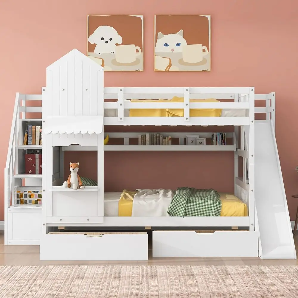 Bunk Bed With Stairs And Slide - Cama litera blanca para niños con