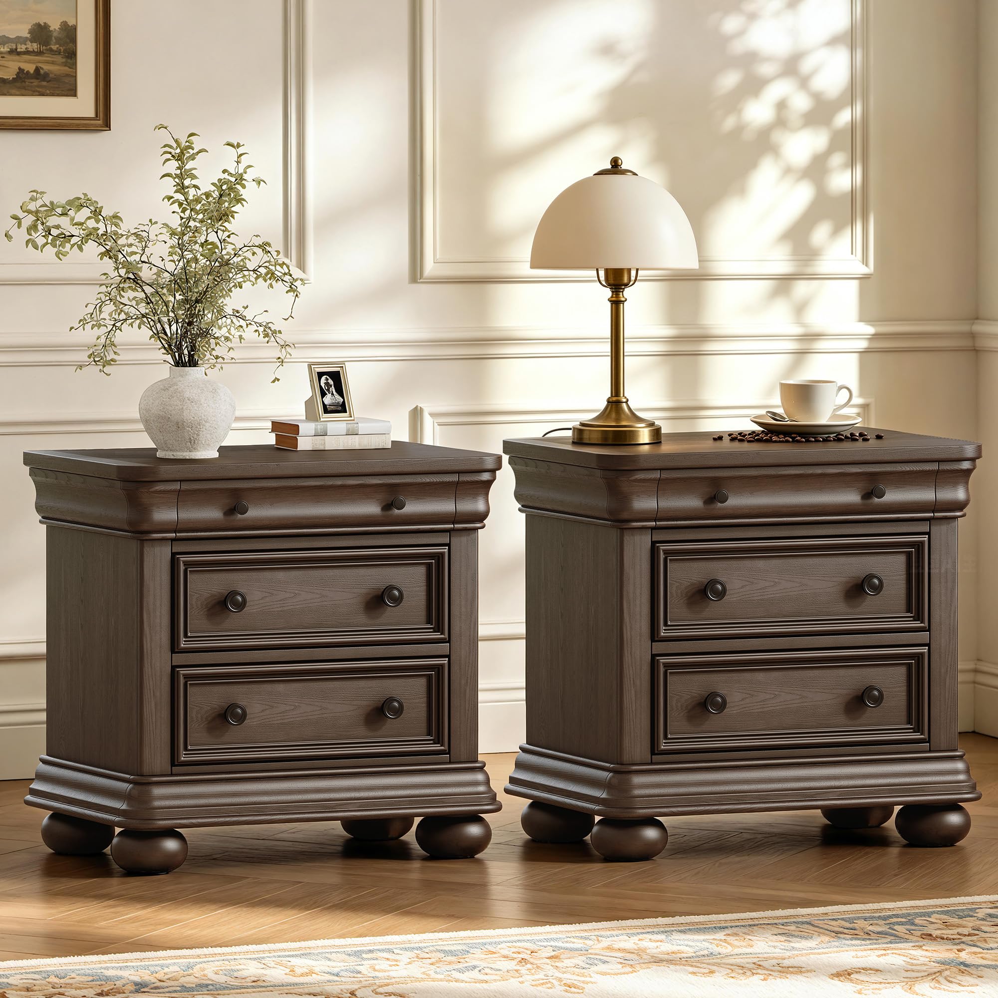 Solid Wood Nightstand 2 Drawers - Juego de 2 mesitas de noche