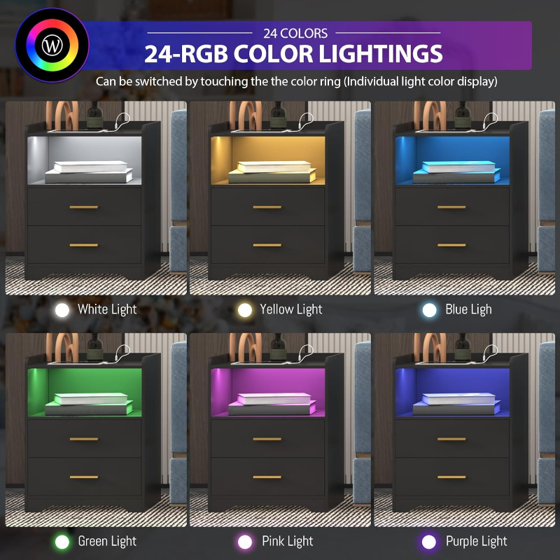 Mesita de noche LED negra con  - Solid Wood Nightstand 2 Drawers reseña y precio