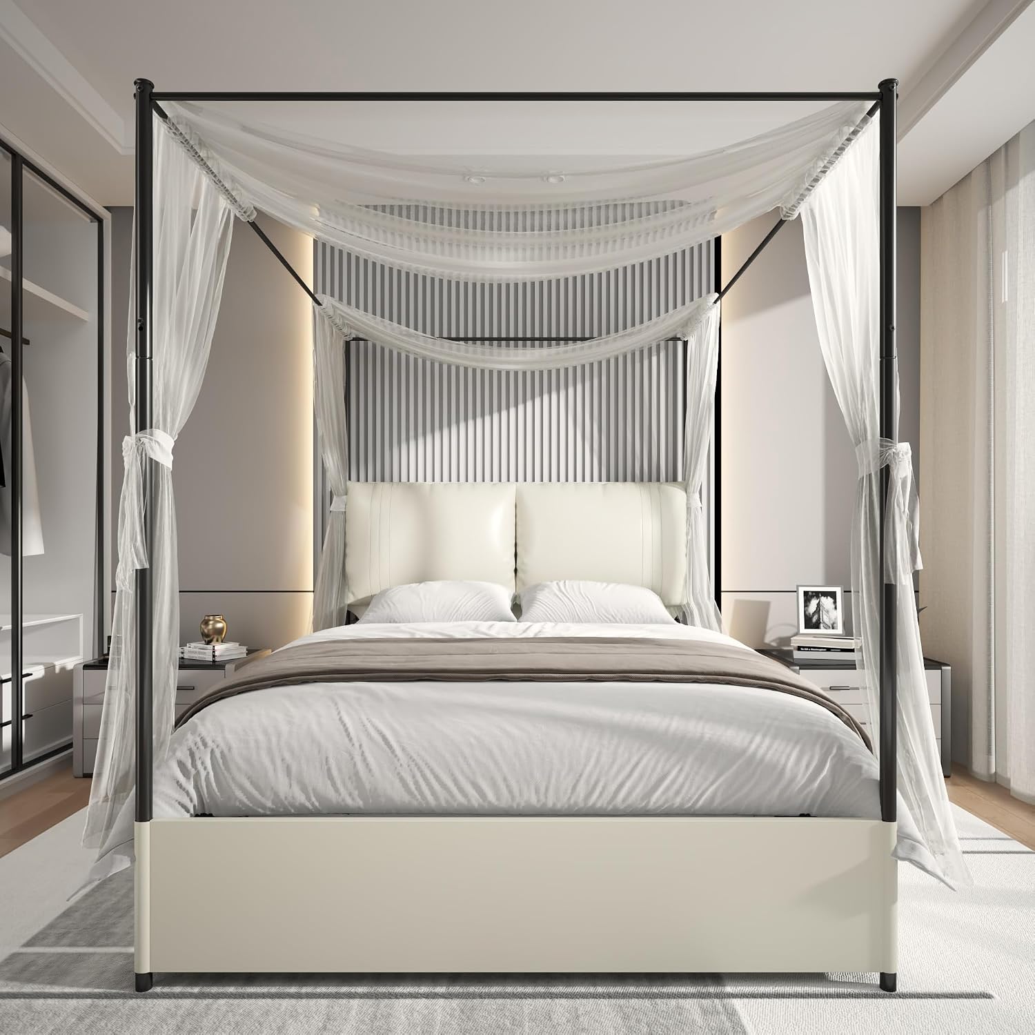 Base de Cama Queen con Toldo,  - Canopy Bed Frame Metal Queen reseña y precio