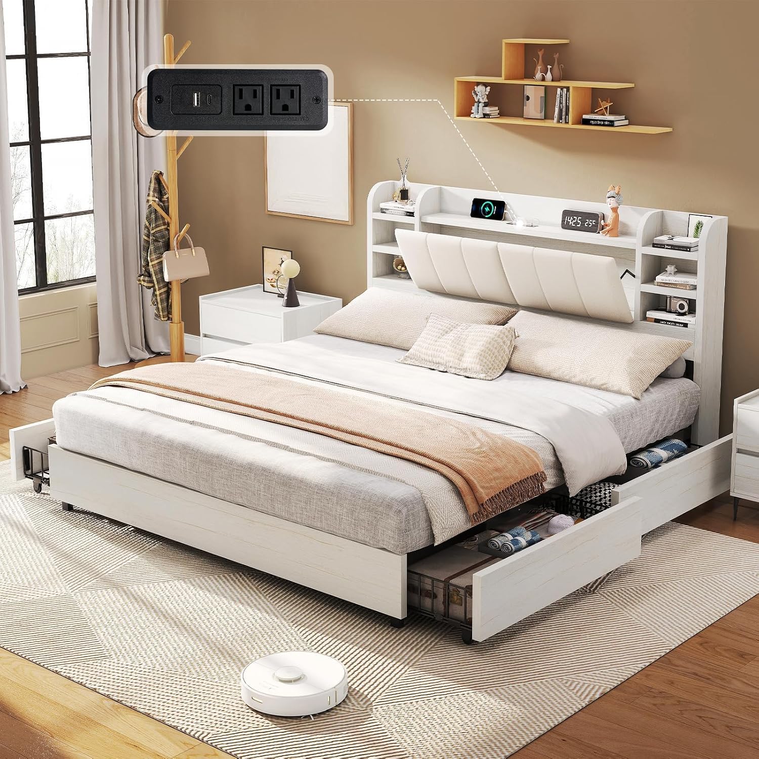 Cama King Size Tapizada con Ca - King Size Bed Frame With Storage Drawers reseña y precio