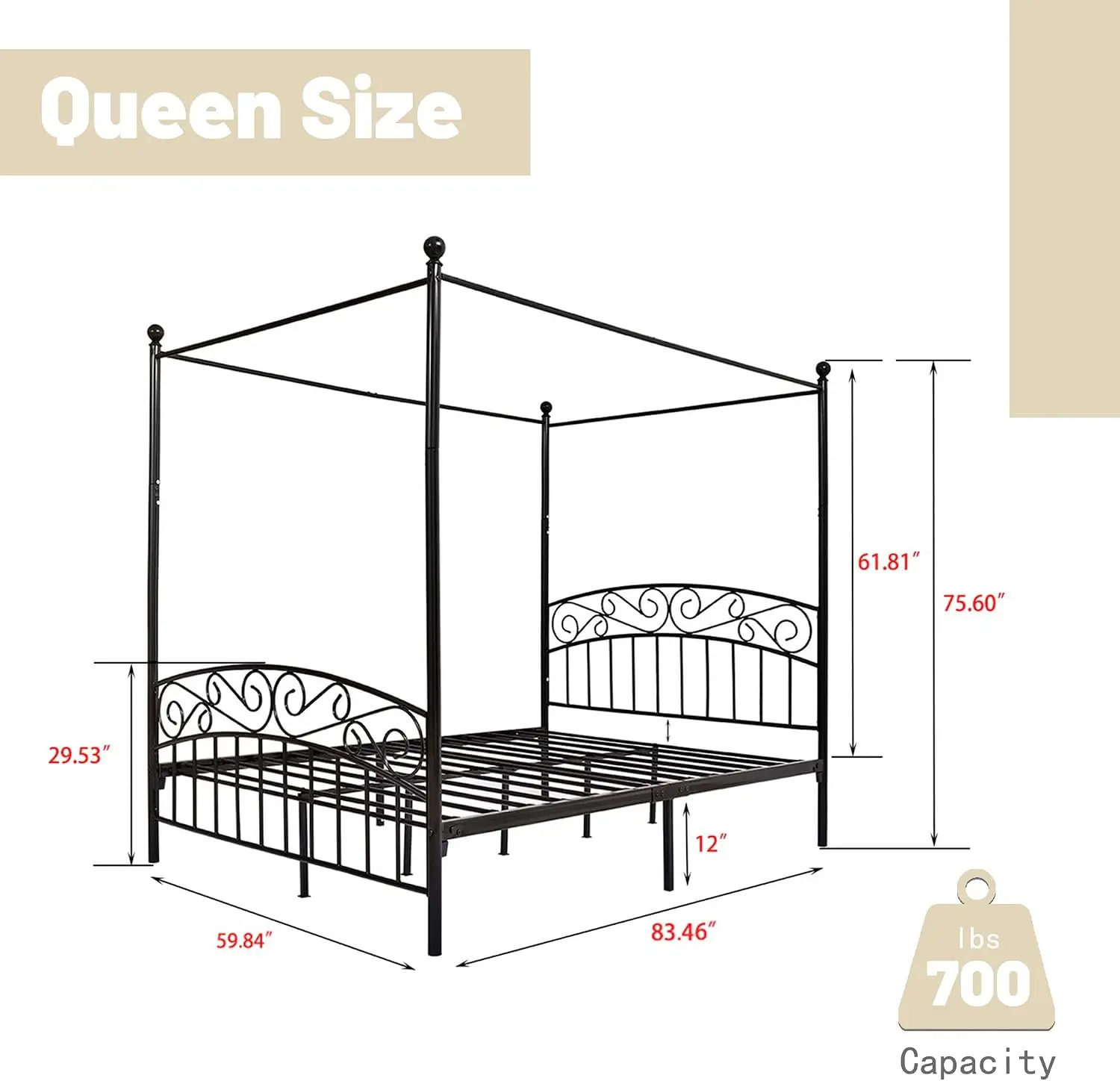 Base de Cama con Dosel Tamaño  - Canopy Bed Frame Metal Queen reseña y precio