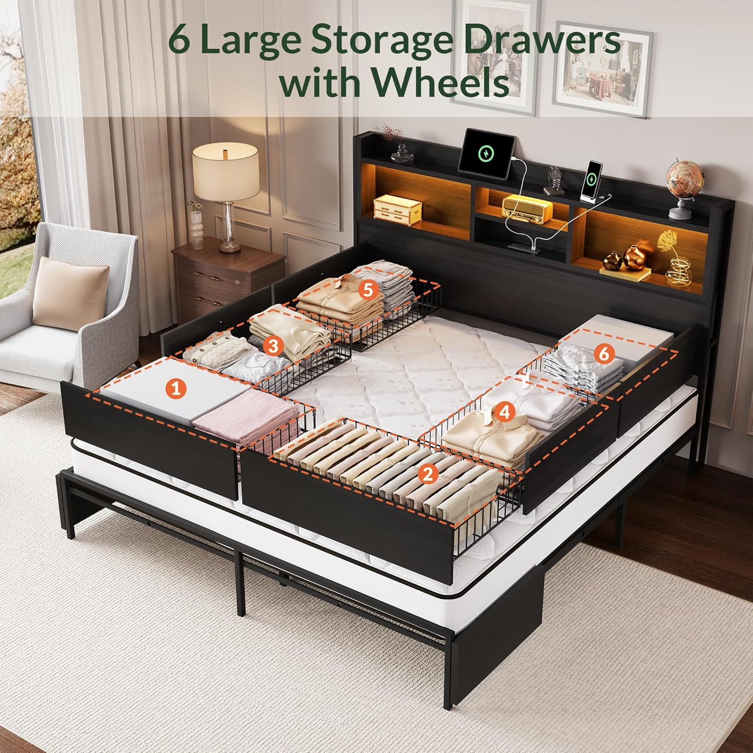 Base de Cama King Size con 6 C - King Size Bed Frame With Storage Drawers reseña y precio