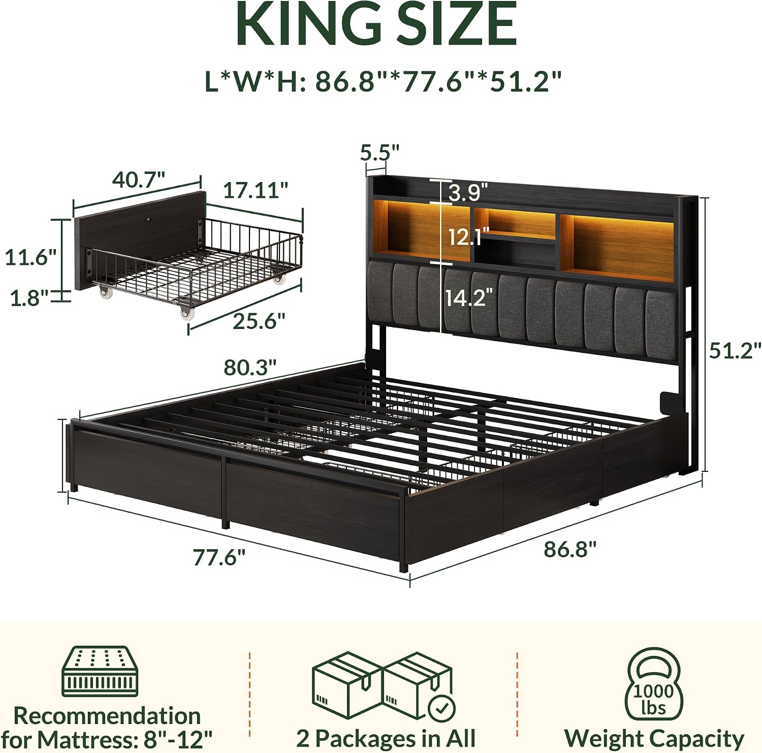 Base de Cama King Size con 6 C - King Size Bed Frame With Storage Drawers reseña y precio
