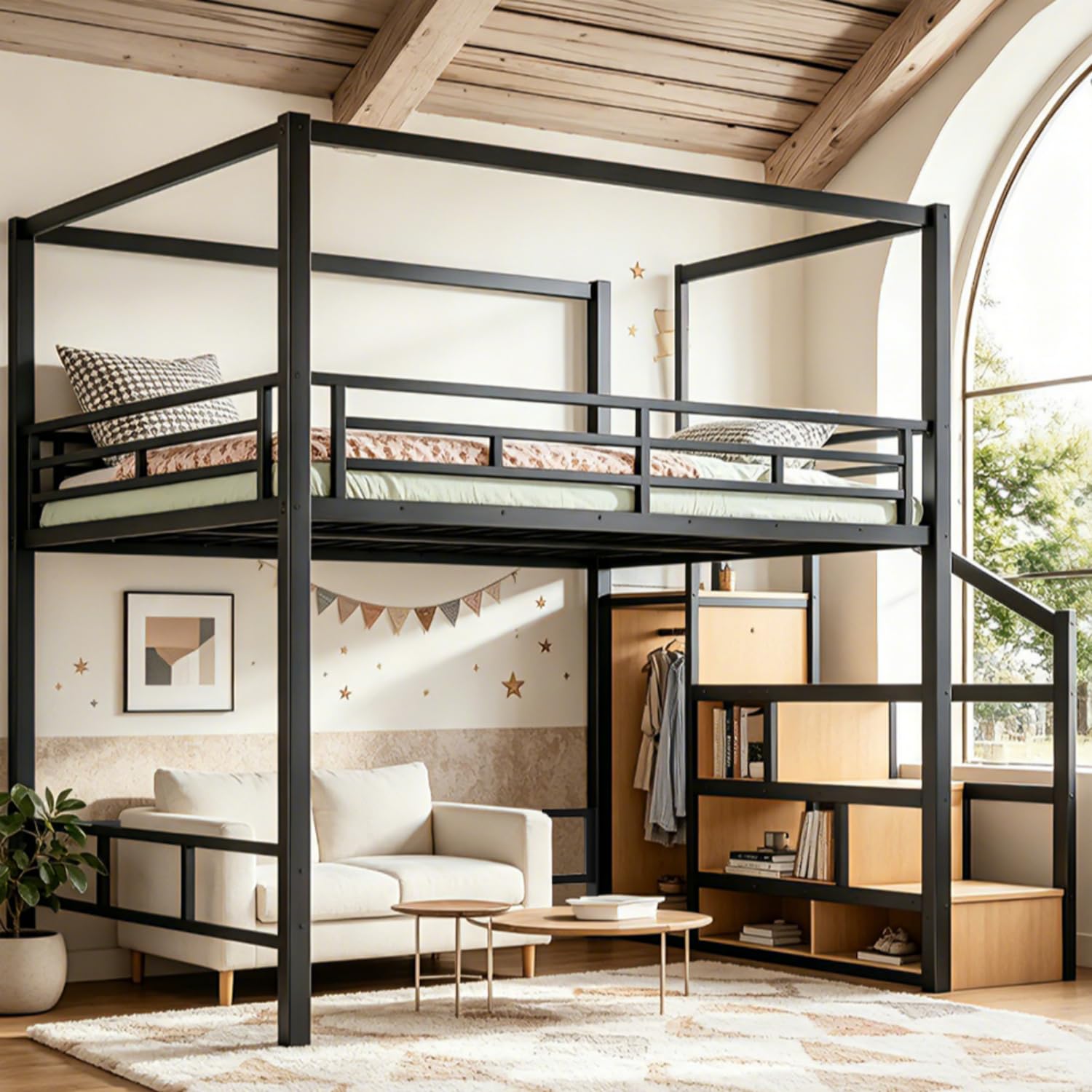 Cama alta Queen con escaleras  - Canopy Bed Frame Metal Queen reseña y precio