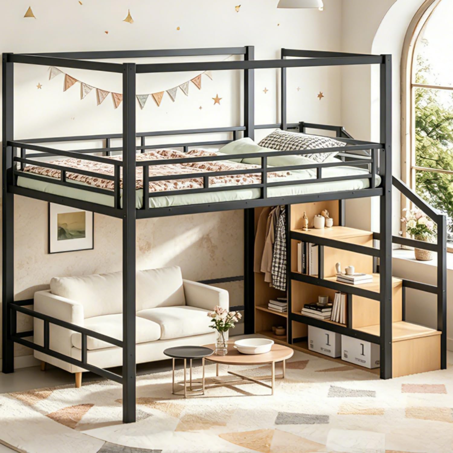 Cama alta Queen con escaleras  - Canopy Bed Frame Metal Queen reseña y precio