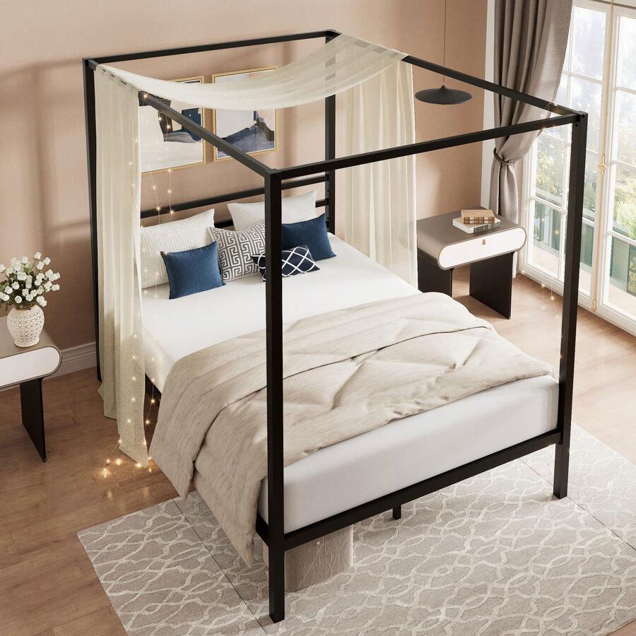 Base de Cama con Dosel Negra,  - Canopy Bed Frame Metal Queen reseña y precio