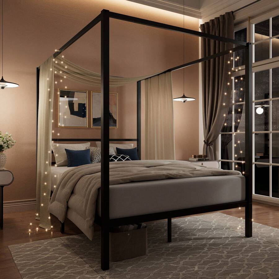 Base de Cama con Dosel Negra,  - Canopy Bed Frame Metal Queen reseña y precio