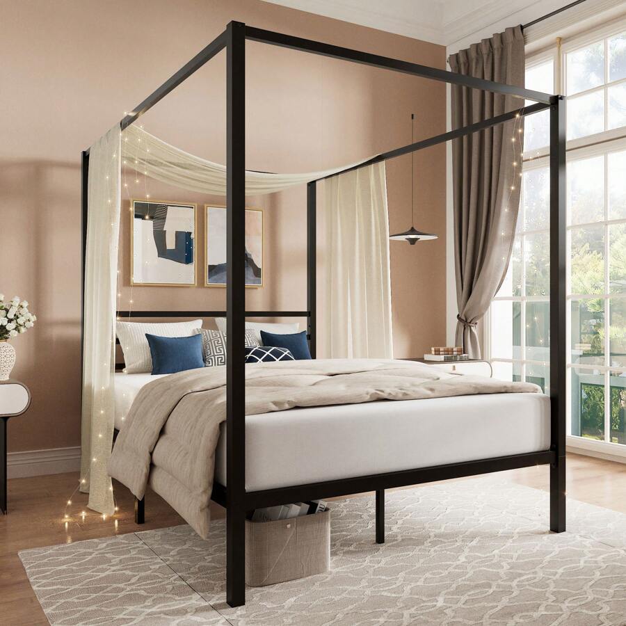 Base de Cama con Dosel Negra,  - Canopy Bed Frame Metal Queen reseña y precio